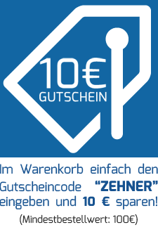 Im Warenkorb einfach den Gutscheincode “ZEHNER” eingeben und 10 € sparen! (Mindestbestellwert: 100€)